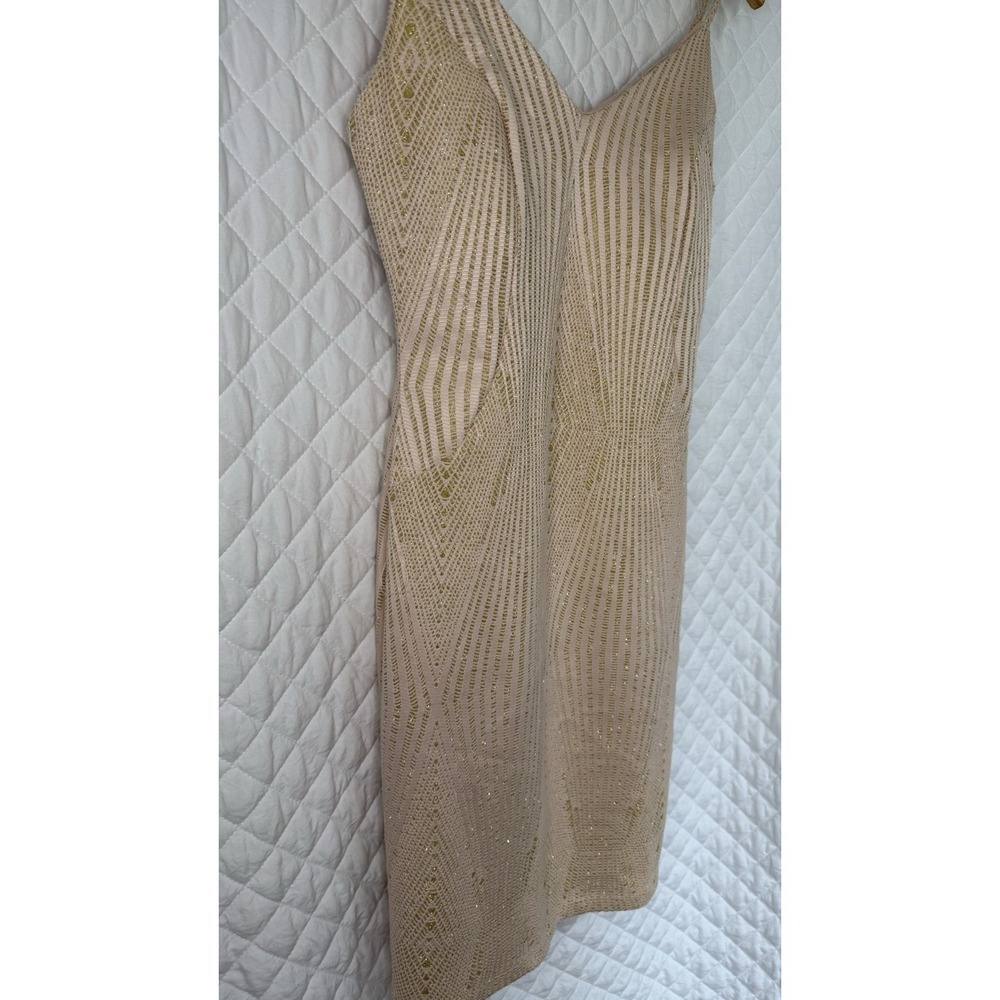 NWT Haute Monde Geometric Nude Gold Metallic Bodycon Dress Size L Art Deco Style - Picture 3 of 16